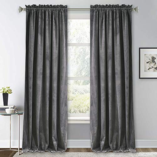 Image of RYB Home Grey Velvet Curtains 120 inch Length Room Darkening Picture Window Decor Silk Hand Feel Privacy Vertical Shade for Nursery Playroom Bedroom, W52 x L120 inches, 2 Panels | Thermal Insulated, Room Darkening, Privacy UV Protection, Loft Apartment Living Room, Grey, W52 x L120, 2 Panels