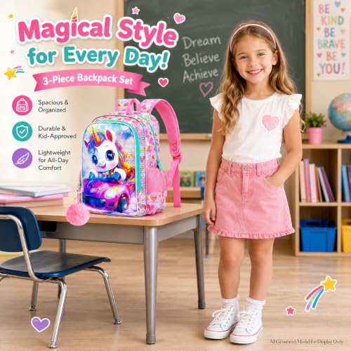 Image of 3Pcs Unicorn Backpack for Girls, 16 inch School Backpacks Set for Elementary Preschool Kindergarten, Kids Car Bookbag with Lunch Box(Pink)