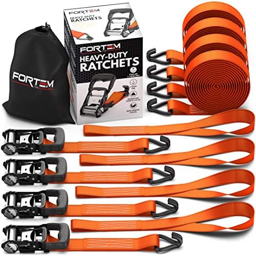 FORTEM Ratchet Tie Down Straps, 4X 15ft Securing Straps, 4X Soft Loops 4500lb Break Strength, Rubber Coated Metal Handles, Plastic Coated Metal Hooks, Carrying Case (4-Pack)