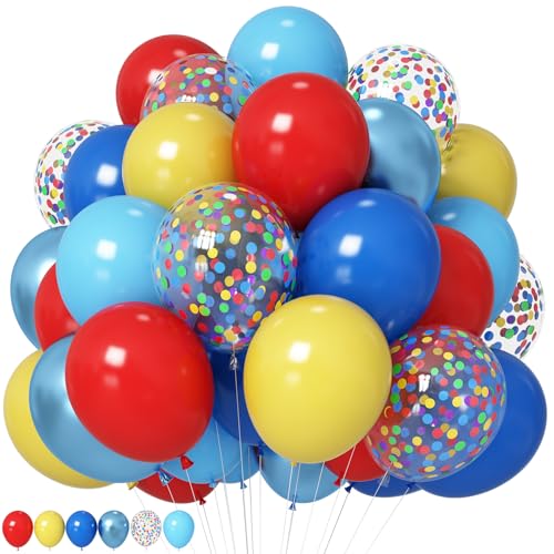Image of HILAVO Red Yellow Blue Balloons Light Baby Royal Metallic Blue Red Yellow Primary Balloons with Colorful Confetti Latex Balloon for Carnival Circus Baby Shower Birthday Party Decor