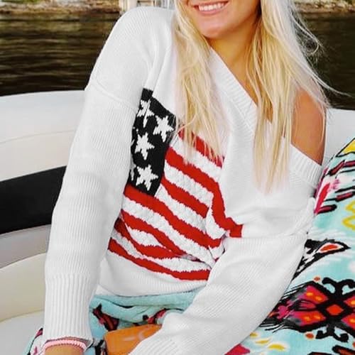 Image of Womens American Flag Sweater Long Sleeve Crew Neck Star Graphic Knit Pullover Tops Casual Loose USA Sweater