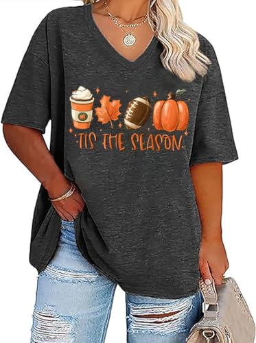 Plus Size V-Neck Fall T Shirt Women Funny Graphic Fall Vibes Shirt Casual Loose Short Sleeve Tunic Tops Blouse