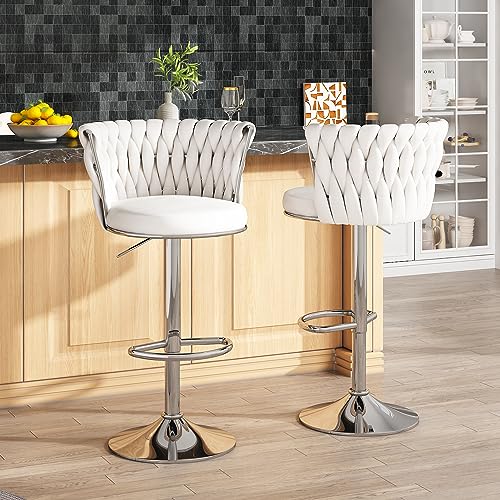 Image of AWQM Velvet Bar Stool Set of 2, Counter Height Barstools with Adjustable Swivel Chairs, Upholstered Bar Chairs with Back & Footrest, Beige