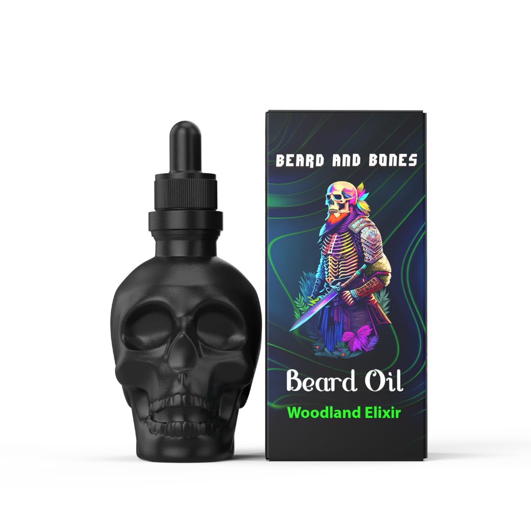 Beard and Bones60ml Beard Oil for Men | Nut Free | Natural Carrier Oils of Jojoba, Squalane and Sea Buckthorn Oil | Black Glass Skull | Choice of 6 Scents (Woodland Elixir)