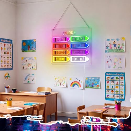 Image of Retisee 15.8 x 11 Inches Classroom Crayon Colors Neon Sign Back to School Colorful LED Neon Sign Crayon Wall Door for Classroom Playroom Kindergarten Hanger Decor