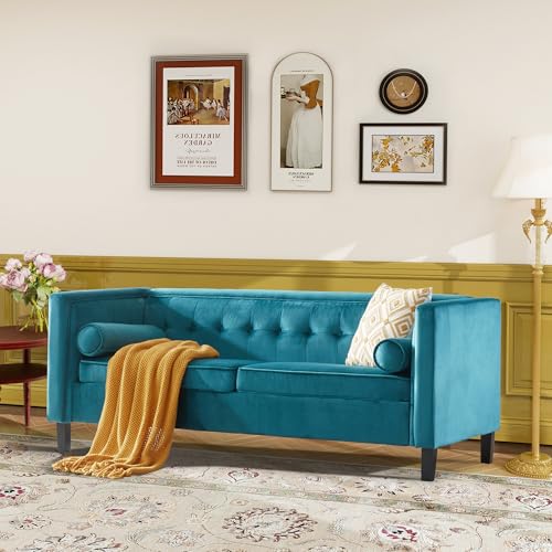 Dreamsir 78'' W Velvet Sofa, Mid-Century Love Seats Sofa Furniture with Bolster Pillows, Button Tufted Couch for Living Room, Tool-Free Assembly (Sofa, Peacock Blue)