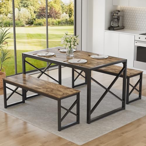 Image of VECELO 55 inch Kitchen Dining Table Set for 4, Heavy-Duty Steel Frame & Wood-Grain Tabletop, Space-Saving Dinette Sets with 2 Benches for Breakfast Nook and Small Space, Grey