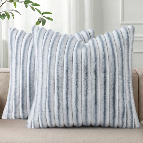Image of Pallene Faux Fur Plush Throw Pillow Covers 22x22 Set of 2, Luxury Soft Fluffy Striped Decorative Pillow Covers for Sofa, Couch, Living Room, Ombre Grey