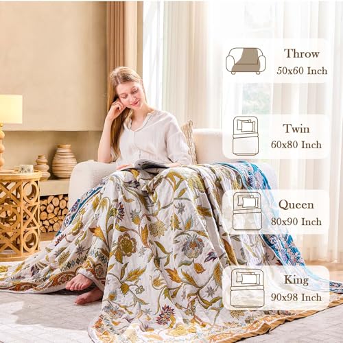 Image of XIBLC Fall Throw Blanket for Couch, Brown Boho Decorative Throw Blanket, 100% Cotton Muslin Breathable Woven Farmhouse Blankets Quilt, 50 inchx60 inch Reversible Lightweight Blankets Bohemian Throw Quilt