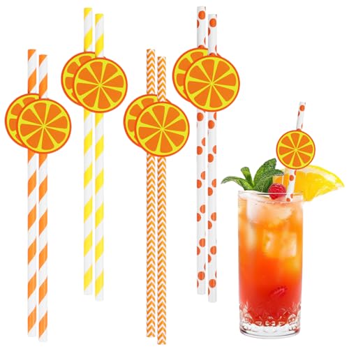 Niuny Pajitas Papel Pajitas Desechables 80pcs Pajita De Colores Comestibles con Rayas Naranjas Pajita Pequeñas Para Zumos Biodegradables Para Cócteles Restaurantes Bares Fiestas Café Y Zumo
