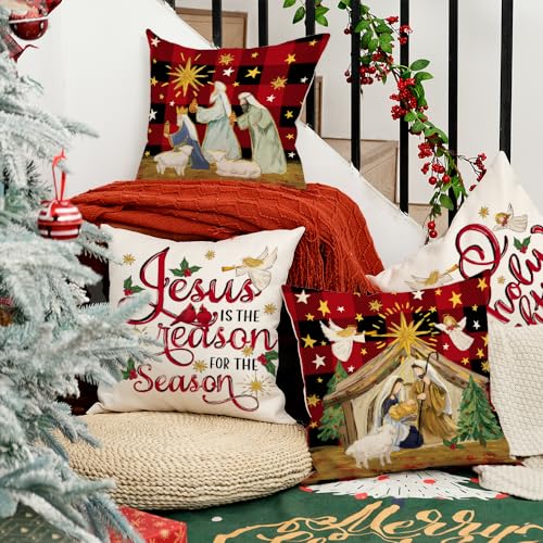 Aacors AA348-18 Christmas Pillow Covers 18 X 18 Inch Set Of 4,Buffalo Plaid O Holy Night Jesus Cardinal Saying Decorations Holiday Farmhouse Winter Throw Pillow Cases Decor thumb #4