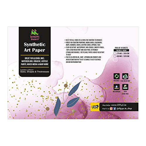 Twinkling Parrots® Alcohol Ink Synthetic Art Paper | Non Tearable | Non Porous | A4 Inch | 275 Micron / 200 GSM | Rectangle | Pack of 10 | 100% Stain-Free | Opaque White |