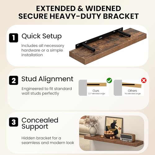 Image of Fun Memories 67Inch Long Floating Shelves, 8 Inch Deep Shelves for Bedroom|Living Room, Wall Mounted Wood Hanging Shelf with Invisible Brackets for Fireplace Mantel Home Storage Decor, Brown - 1 Pack