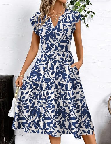 Image of ZEAGOO Womens Summer Casual Dresses Ruffle Sleeve V Neck Midi Dress Flowy Tiered Dress with Pockets Boho Sundresses