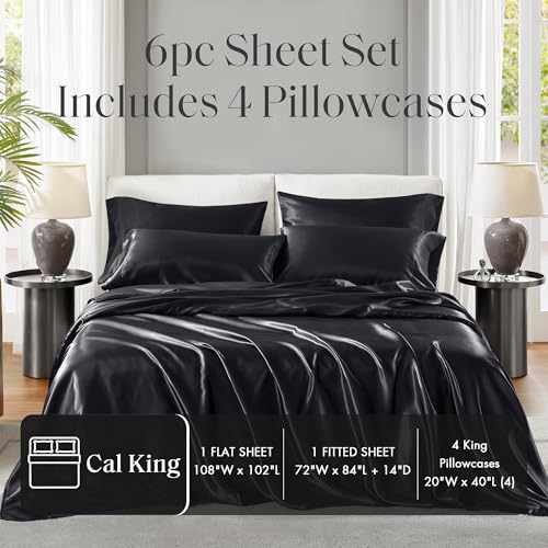 Image of Madison Park Essentials Satin Sheets Cal King Size Bed Set, 6 Piece, Black | Luxury and Smooth Silky Bedding with Natural Sheen, All Around Elastic 14 inch Pocket fits up to 16 inch Mattress, Year-Round Cozy