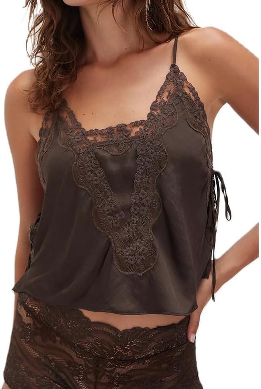 Women Lace Trim Satin Camisole Top Flowy Silky Spaghetti Strap V Neck Cami Top Y2K Aesthetic Going Out Tank Tops