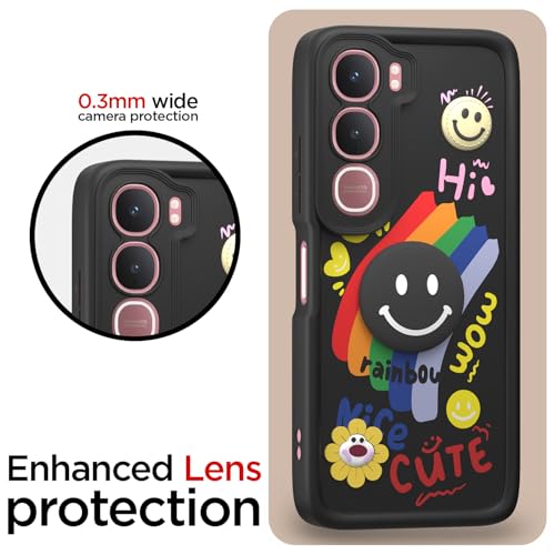 Image of Pikkme Back Cover for Vivo Y31 5G | Soft Silicone| Cute Rainbow Smile & 3D Cartoon Flower Design | Shockproof Raised Camera Protection Bumper Case (Black)