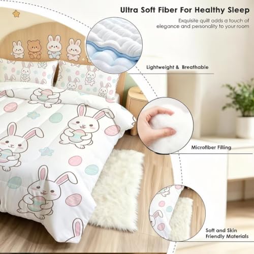 Image of Cute Easter Bunny Comforter Set Twin Size White Rabbit Bedding Set | Cute Cartoon Rabbit Holding Eggs Bedding Set for Kids Boys Girls, Soft Microfiber Bed Set with Pillowcase for Room Decor