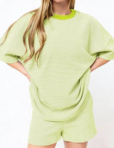 Image of Ythomm Striped Pajamas Shorts Sets Women 2 Piece Lounge Outfits Short Sleeve Tees Drawstring Shorts Summer Matching Pj Sets