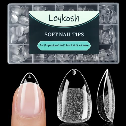 Leykosh Short Almond Nail Tips, 15 Sizes 240 PCS Clear Acrylic Soft Fake Nails Gel Nail Tips, Full...