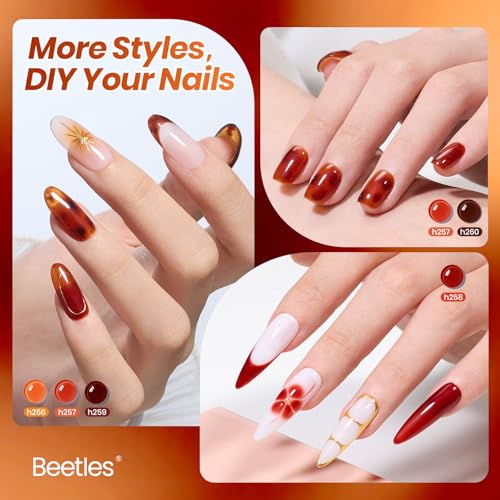 Image of Beetles Jelly Tortoise Nail Gel Polish Set| 6 Transparent Summer Colors Brown Amber Orange Caramel Dark Red Pumpkin Sheer Gel Nail Polish|Soak Off UV LED Nail Art DIY Salon at Home Tortoiseshell Jelly