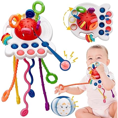 Montessori toys for babies 6-12 months Baby Silicon Sensory Travel Pull String Teething Toys for 3-6 Months 1 Year Old Hang on Stroller Crib Car Seat Roly Poly Baby Toy Fidget Gift for Infant Toddler Cover