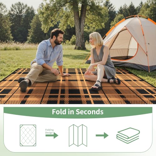 Image of GENIMO Outdoor Rug, Waterproof Plastic Rugs for Patio, 6'x9' Amber Black | Outside Larger Modern Carpet Mat for Porch Decor, Deck, Balcony, Camping, RV, Backyard, Picnic, Beach, Reversible, Foldable