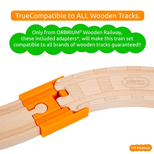 wooden train tracks 68 pcs expansion pack with arched bridge engine barge dock stop amp go checkpoint signal pole cross track  compatible with thomas brio wooden railways by orbrium