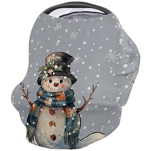 Nursing Cover for Breastfeeding Scarf, Merry Christmas Snowman Vintage Blue Baby Car Covers Super Soft Multi Use for Canopy Shopping Cart Cover Blanket Stroller Cover