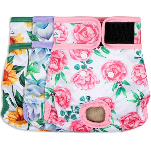 Image of Washable Female Dog Diapers - Premium Reusable Diapers for Doggie in Heat - Highly Absorbent Dog Diapers Female for Pet Incontinence with Adjustable Snaps Sunflower, M