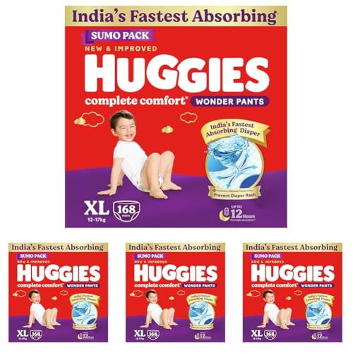 Image of Huggies Complete Comfort Wonder Pants | Pant Style Baby Diapers Extra Large Size (XL), 168 Count | India's Fastest Absorbing Diaper, Prevents Diaper Rash, Ideal for 12 to 17 Kgs (56 Count, Pack of 12)