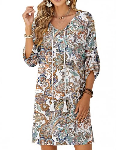 Image of Zeagoo Womens Boho Dresses Casual Beach Summer Dress Tassel Tie Neck 3 /4 Long Sleeve Mini Sundress 2026 Floral Print Cover Up