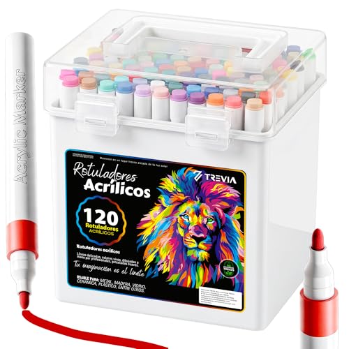 TREVIA® PACK 120 Rotuladores Acrilicos | Rotuladores lettering | Manualidades | Acrylic markers | 120 Colores | Rotuladores Profesionales | Efecitvo para la mayoria de superficies | Niños y Adultos