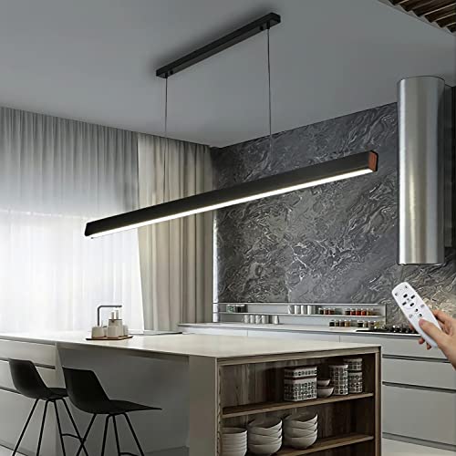 LED Pendelleuchte Dimmbare Schwarz Langer Streifen Esstisch Hängeleuchte mit Fernbedienung Moderne linear Design höhenverstellbar Kronleuchter Lampe für Bar Esszimmer Sekretariat Küche 48W / 120cm Cover