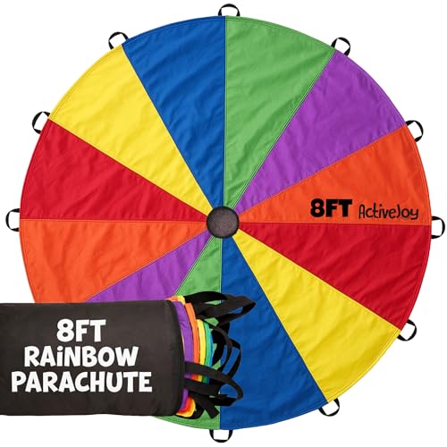 Image of Activejoy - Parachute for Kids - 8ft /12ft / 16ft / 20ft / 24 ft / 30ft - Rainbow Parachute Toy with Handles - Great for Gym Class, Field Day & Outdoor Games