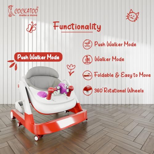 Image of Cockatoo First Move 3-in-1 Baby Walker - Adjustable Height (3 Levels), Rocker, Push & Activity Walker with Musical Toy Tray & Light, 6 Lockable Wheels, Foldable, Safe for 6-18 Months, up to 15kg Red