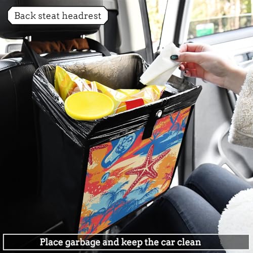 Image of Car Trash Can Organizer Bin with Adjustable Strap for Back Front Seat Console Waterproof Leakproof Collapsible Portable 11 Inch Bright Summer Beach Starfish and Palm Tree