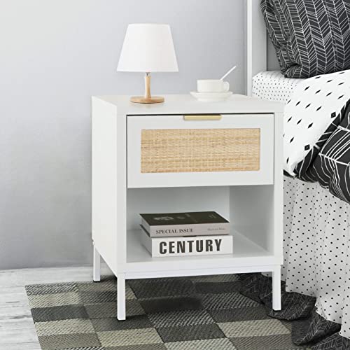 Anmytek White Nightstand with Rattan Decor Drawer, Mid Century Modern End Table with Open Storage, Farmhouse Night Stand, Small Side Table for Bedroom