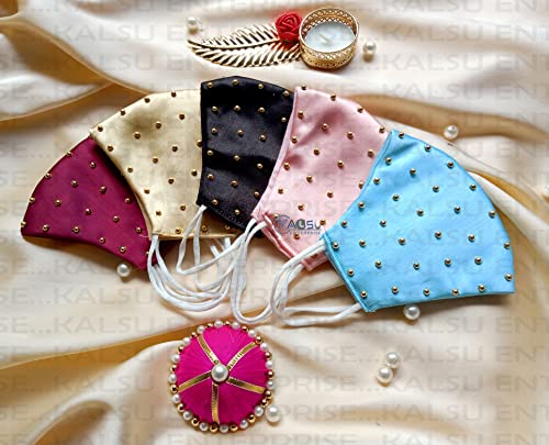Image of ᵀᴹ : WEDDING SPECIAL Cloth Face Mask - Washable Light Weight Satin - Cotton Masks MULTI COMBO (PACK OF 5-MAROON-GOLDEN-BLACK-PINK-SKYBLUE)
