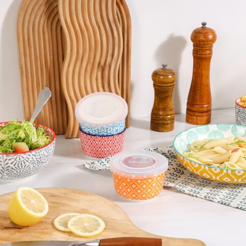 Selamica 6 oz Ramekins with Lids Oven Safe, Creme Brulee Ramekins Souffle Dishes with Covers, Pudding Custard Cups Stackable Ceramic Mini Ramekin Bowls Set for Baking, Dipping, Set of 6, Assorted Colors - Image 3