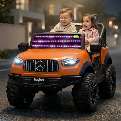 Image of Baybee BeastX Battery Operated Jeep for Kids with Parental Control | Baby Ride On Electric Car with RGB Lights, Music & Swing Mode | Rechargeable Battery Car for Kids 2 to 6 Years (Orange)