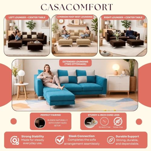 Image of Romeo 5 Seater L Shape Sofa Set with 2 Movable Ottomans | Flexible Layout | Rich Velvet Suede Fabric | Silver Legs | Modern Sofa for Living Room (Aqua Blue Color)