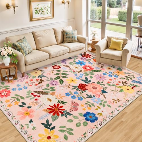8x10 Area Rugs for Living Room: Floral Washable Rug Vintage Large Soft Boho Non-Slip Carpet Indoor Floor Stain Resistant Carpets for Bedroom Dining Room Farmhouse Nursery Home Office Beige