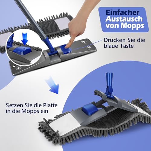 Masthome Wischmopp,Bodenwischer Set mit 4 Wischpads,Chenille Wischmopp mit 128cm Griff,Mikrofaser...