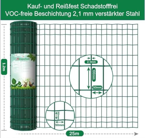 Amagabeli 1M X 25M drahtgitter Drahtzaun Gartenzaun Maschendraht Grünen Maschenweite 50 x 100mm Drahtgitter-Rolle Gartenzaun RAL6005 Kaninchendraht Metall Drahtg Forstzaun Gitterzaun Drahtzaun