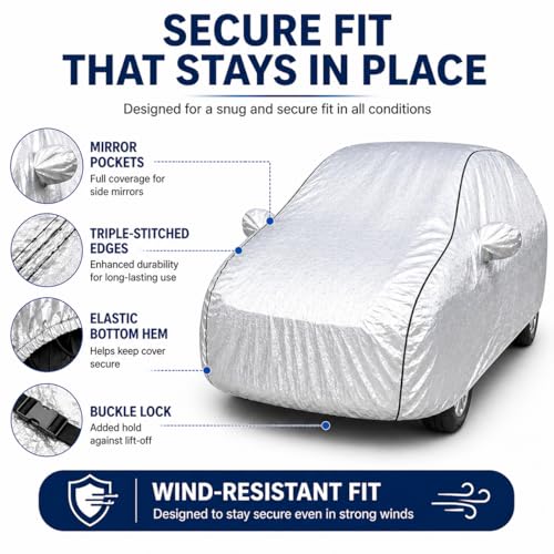 Image of Pivalo Car Cover for Hyundai Exter All Model & Years (2023-2026) 100% Waterproof with Mirror Pockets, Triple Stitched Bottom Elastic Dustproof Full Body Protection (Heat & UV Resistant, Silver)