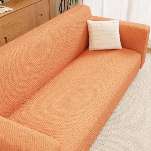 Image of Lukzer 3 Seater Pastel Orange Grid Maze Pattern Sofa Cover | 240 GSM Universal Stretch Fit Jacquard Fabric Couch Protector | Fully Covered Anti Slip & Washable Sofa Cover (180-230cm /SC-106-03)