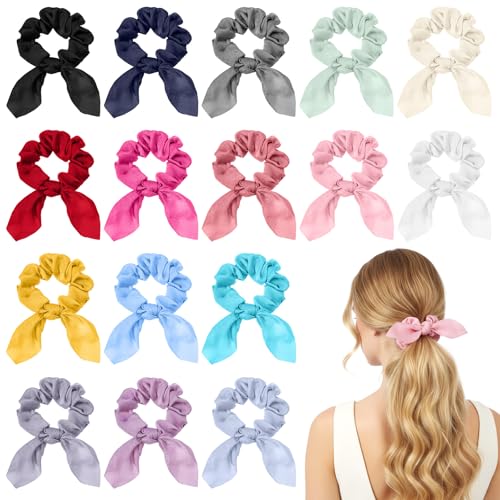 DOPENSPI 16 Pack Bow Hair Scrunchies for Women Girls Elastic Hairs Ties Cute Bunny Ears Silk Scrunchies Bow Scrunchie Ropes Ponytail Holder Hairs Accessories