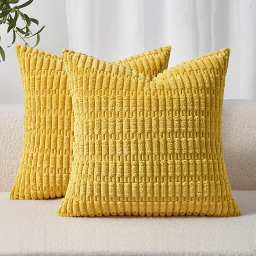 Topfinel Mustard Cushion Covers 45cm x 45cm Corduroy Decorative Fluffy Pillows Cases Cushions Cover 18x18 inches with Invisible Zipper for Sofa Bed Livingroom Bedroom Pack of 2