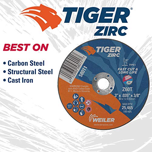 Image of Weiler 58011 3-Inch Cutting Wheel, Tiger Zirc Metal Fast Cut & Long Life, High Performance Cutting, 0.035 inch Z60T Type 1 3 /8 inch Arbor (Pack of 100)